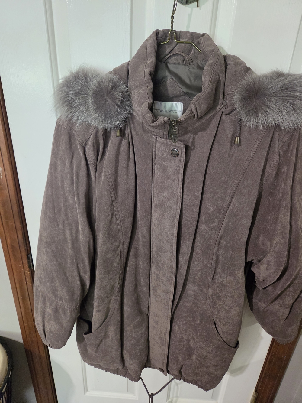 Worthington Mauve Gray Faux-Fur Trim Winter Coat